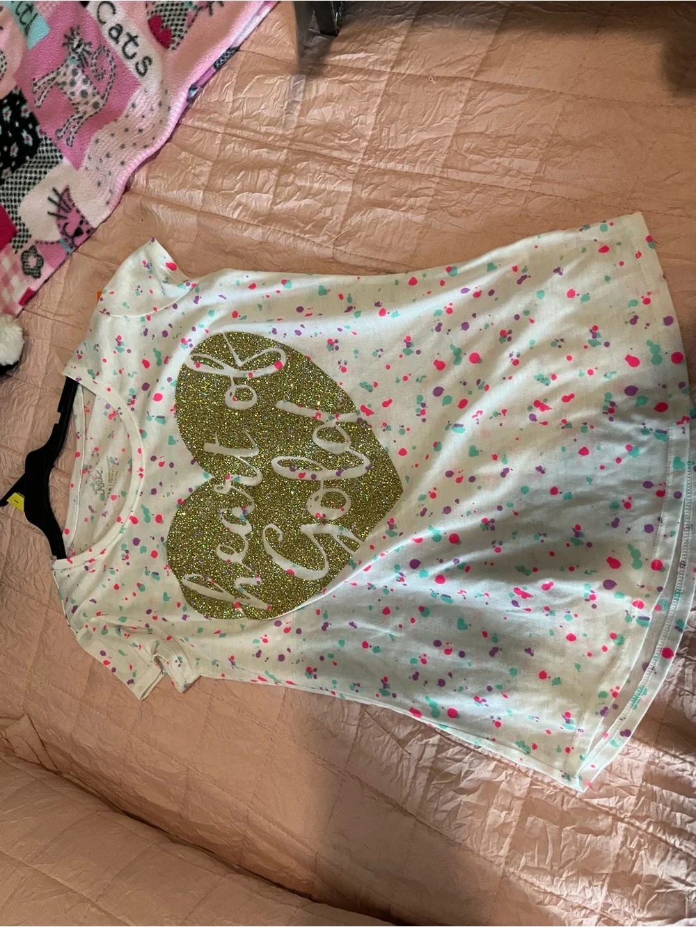 Justice White Tee with Gold Glitter Heart and Pink & Teal Confetti
